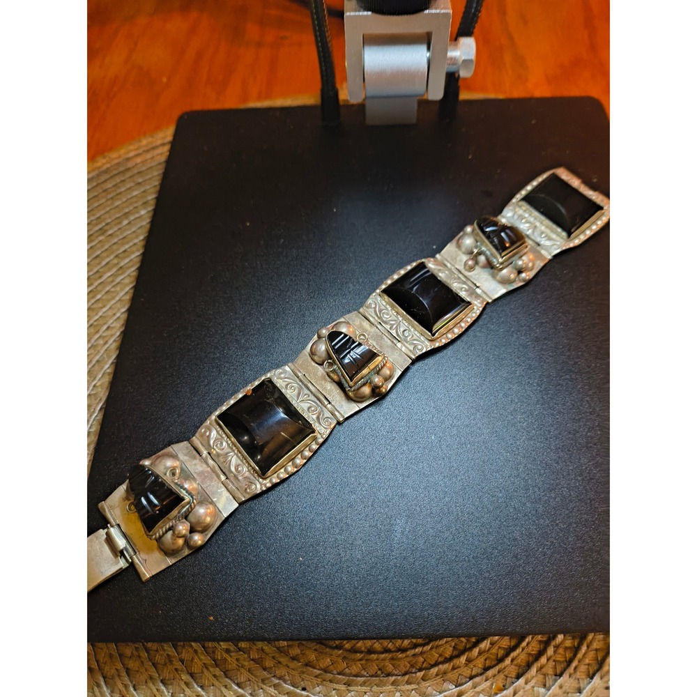 Vintage Taxco Sterling Silver Obsidian Mask Panel Link Bracelet Mexico 925 AR